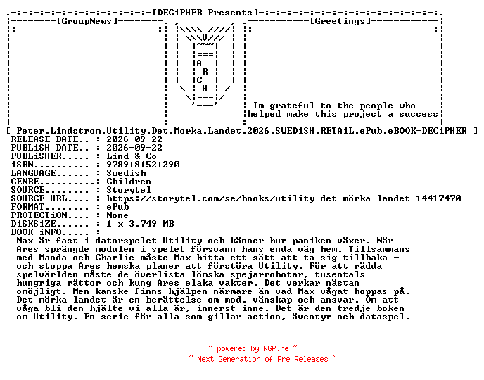 NFO for the release Peter.Lindstrom.Utility.Det.Morka.Landet.2026.SWEDiSH.RETAiL.ePub.eBOOK-DECiPHER by DECiPHER