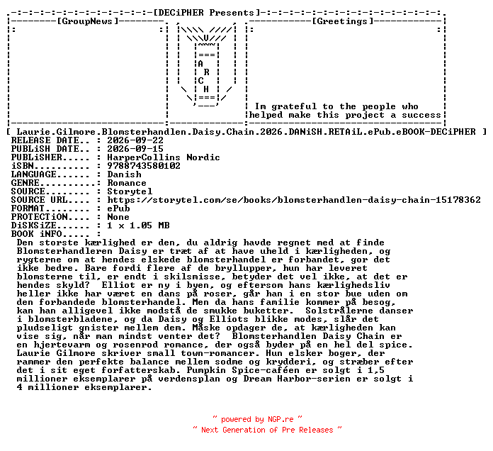 NFO for the release Laurie.Gilmore.Blomsterhandlen.Daisy.Chain.2026.DANiSH.RETAiL.ePub.eBOOK-DECiPHER by DECiPHER