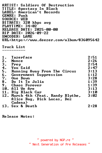 NFO for the release Soldiers_Of_Destruction-Apostasy_In_Black-WEB-2025-SDR by SDR