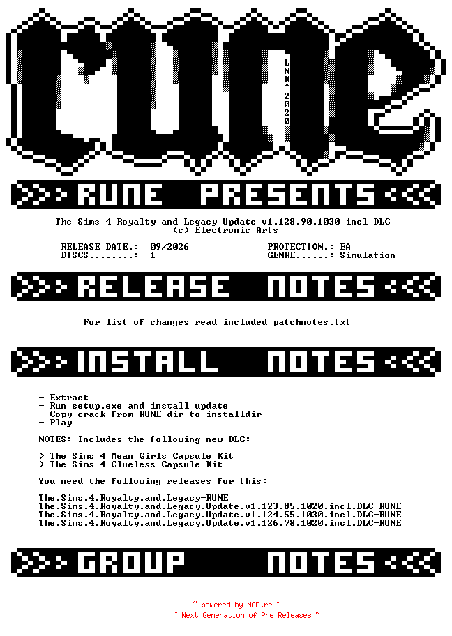 NFO for the release The.Sims.4.Royalty.and.Legacy.Update.v1.128.90.1030.incl.DLC-RUNE by RUNE