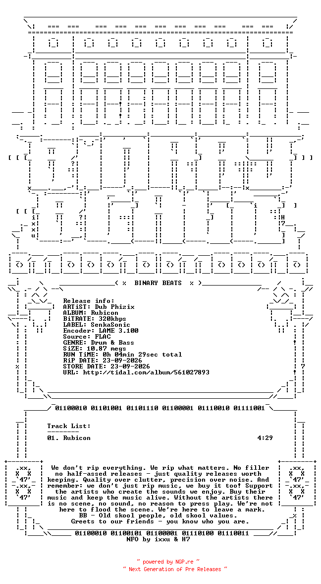 NFO for the release Dub_Phizix-Rubicon-(SENKA025)-SINGLE-WEB-2026-BB by BB