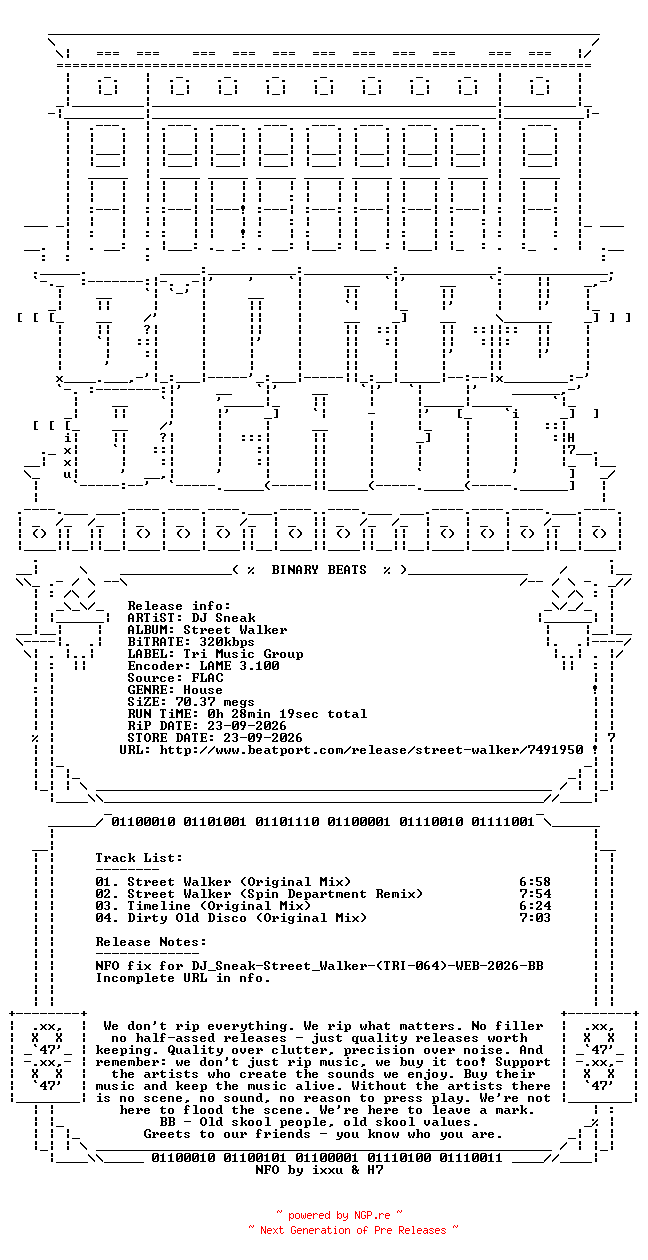 NFO for the release DJ_Sneak-Street_Walker-(TRI-064)-NFOFIX-WEB-2026-BB by BB
