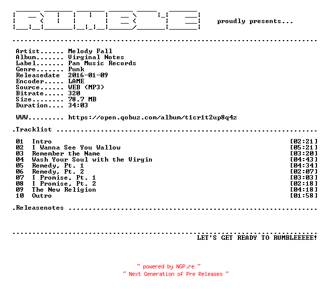 NFO for the release Melody_Fall-Virginal_Notes-(WEB)-2012-RUMBLE by RUMBLE