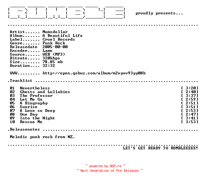 NFO for the release Mumsdollar-A_Beautiful_Life-(WEB)-2005-RUMBLE by RUMBLE
