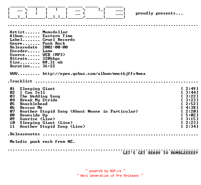NFO for the release Mumsdollar-Eastern_Time-(WEB)-2002-RUMBLE by RUMBLE