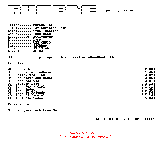 NFO for the release Mumsdollar-For_Christs_Sake-(WEB)-2001-RUMBLE by RUMBLE