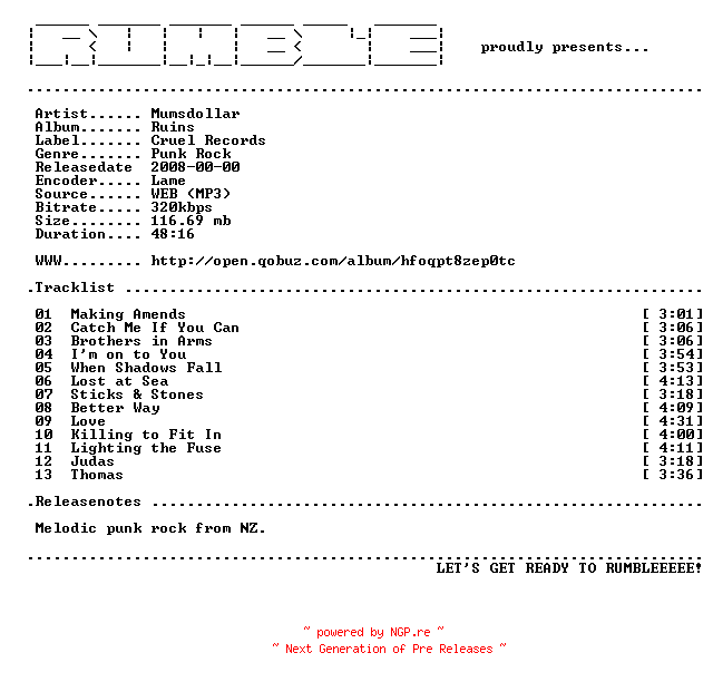 NFO for the release Mumsdollar-Ruins-(WEB)-2008-RUMBLE by RUMBLE