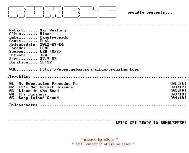 NFO for the release Sic_Waiting-Vices-EP-(WEB)-2012-RUMBLE by RUMBLE