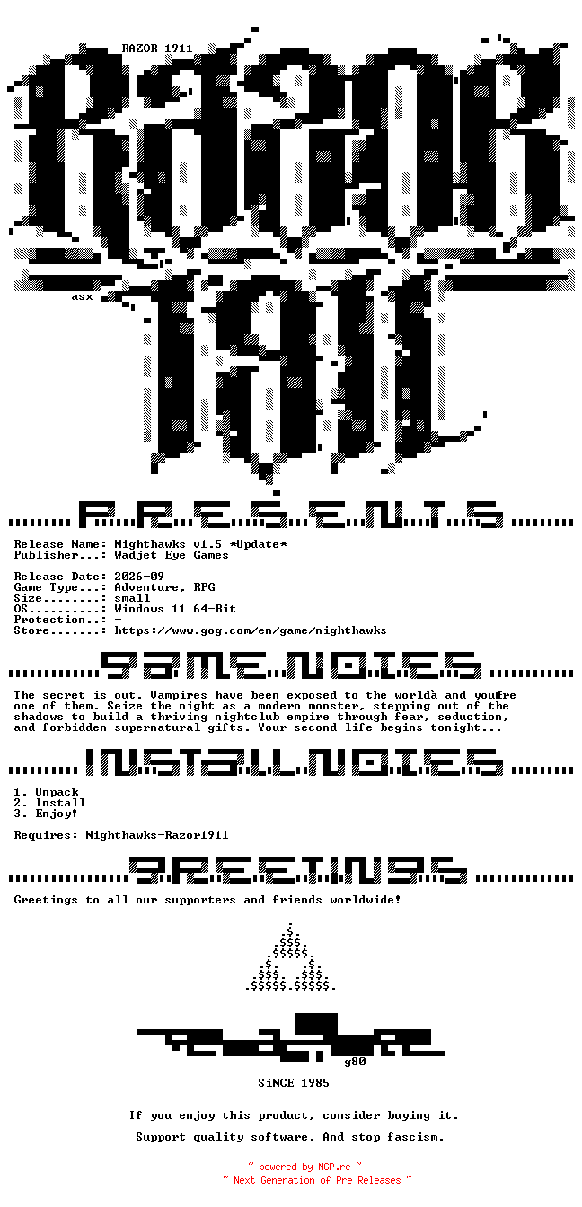 NFO for the release Nighthawks_Update_v1.5-RazorDOX by RazorDOX