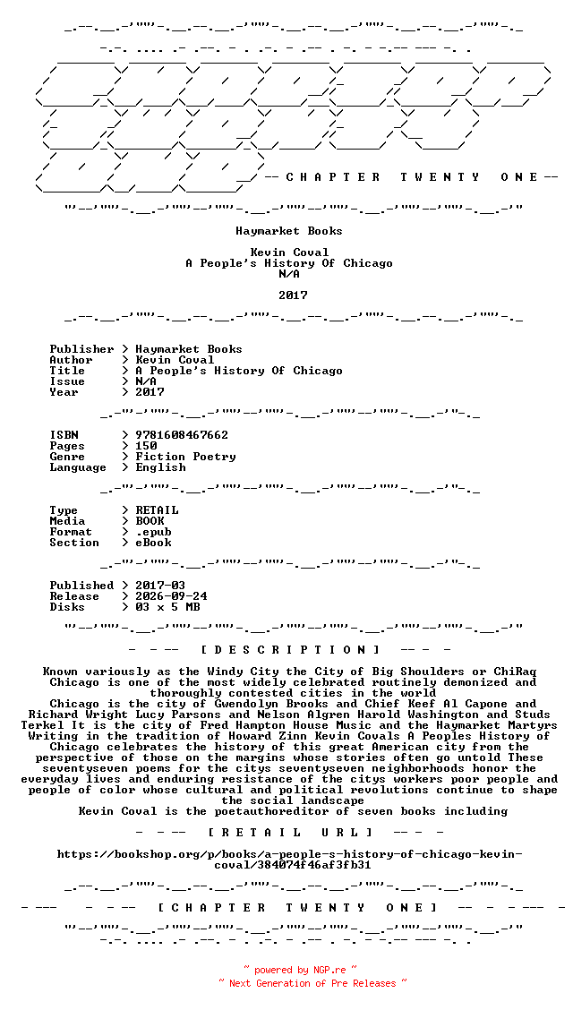 NFO for the release Kevin.Coval.-.A.Peoples.History.Of.Chicago.2017.RETAIL.EPUB.eBook-CTO by CTO