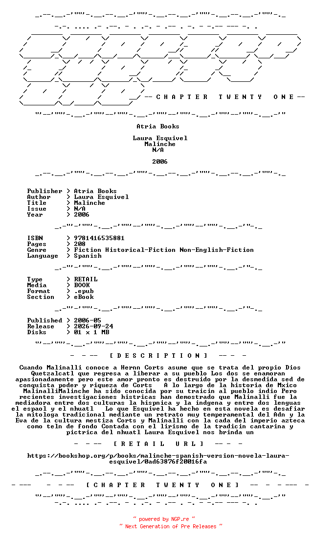 NFO for the release Laura.Esquivel.-.Malinche.2006.SPANISH.RETAIL.EPUB.eBook-CTO by CTO