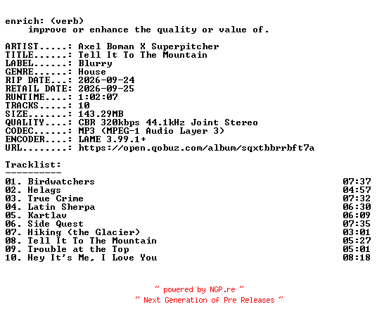 NFO for the release Axel_Boman_X_Superpitcher-Tell_It_To_The_Mountain-WEB-2026-ENRiCH by ENRiCH