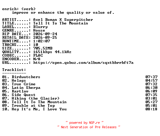 NFO for the release Axel_Boman_X_Superpitcher-Tell_It_To_The_Mountain-24BIT-WEB-FLAC-2026-ENRiCH by ENRiCH