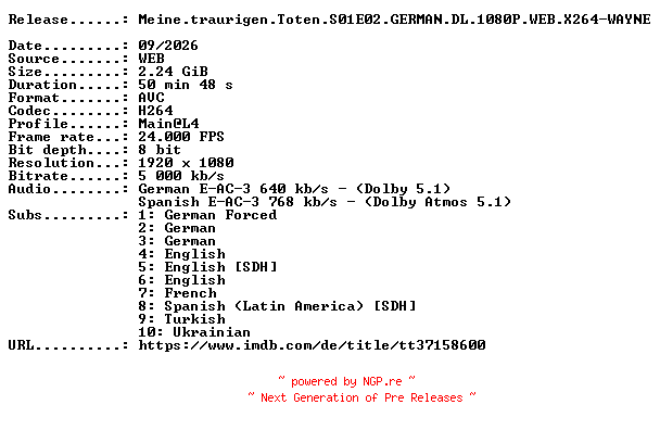 NFO for the release Meine.traurigen.Toten.S01E02.GERMAN.DL.1080P.WEB.X264-WAYNE by WAYNE