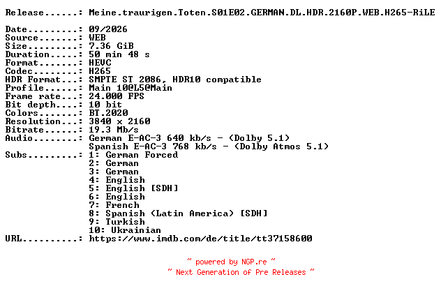 NFO for the release Meine.traurigen.Toten.S01E02.GERMAN.DL.HDR.2160P.WEB.H265-RiLE by RiLE