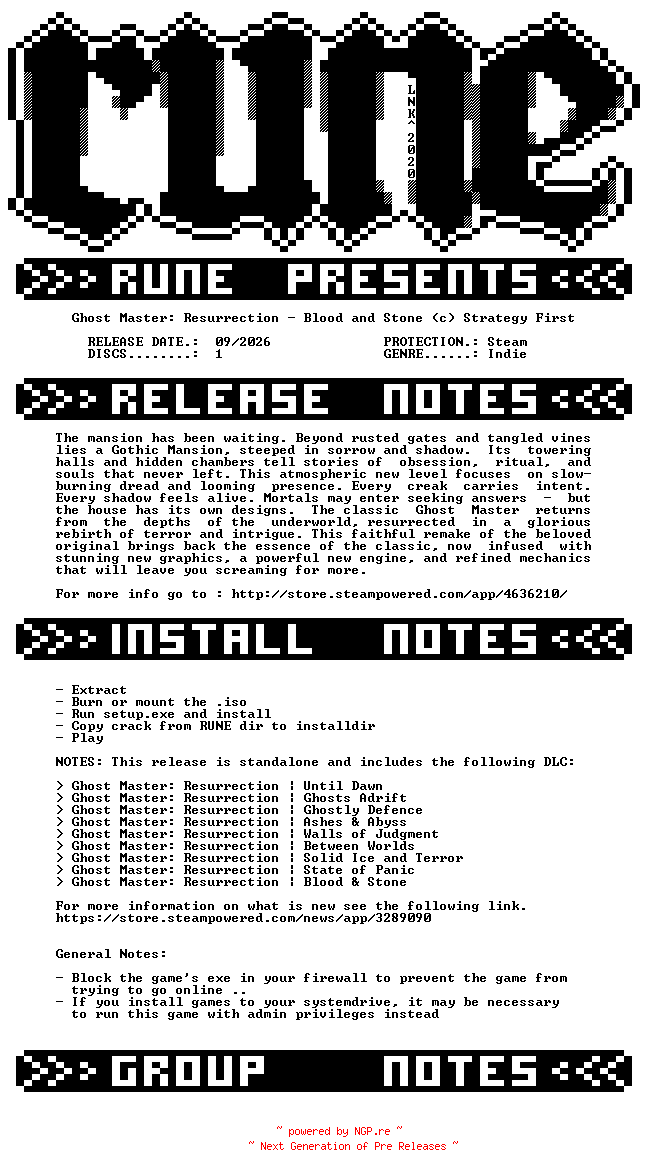 NFO for the release Ghost.Master.Resurrection.Blood.and.Stone-RUNE by RUNE