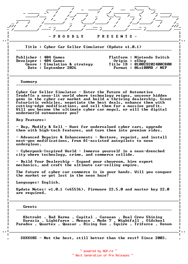 NFO for the release Cyber_Car_Seller_Simulator_Update_v1.0.1_NSW-SUXXORS by SUXXORS