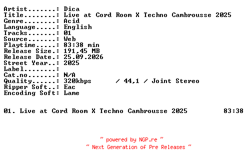 NFO for the release DICA-Live_at_Cord_Room_X_Techno_Cambrousse_2025-WEB-2025-XTC_iNT by XTC_iNT