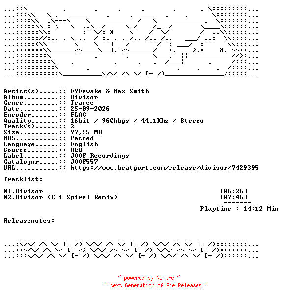 NFO for the release EYEawake_And_Max_Smith-Divisor-JOOF557-16BIT-WEB-FLAC-2026-WAVED by WAVED