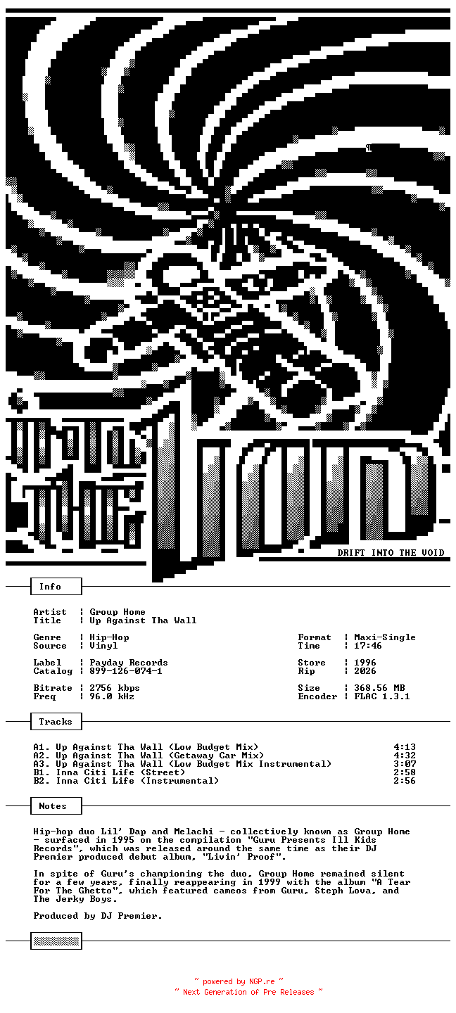NFO for the release Group_Home-Up_Against_Tha_Wall-VLS-FLAC-1996-THEVOiD_INT by THEVOiD_INT