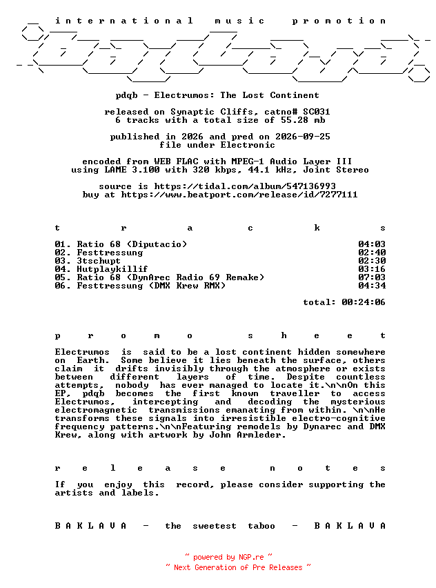 NFO for the release pdqb-Electrumos_The_Lost_Continent-(SC031)-WEB-2026-BAKLAVA by BAKLAVA