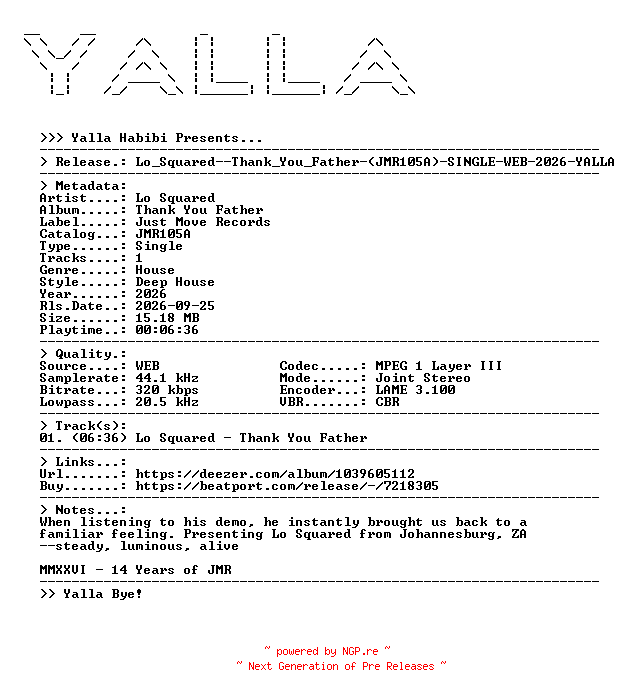 NFO for the release Lo_Squared--Thank_You_Father-(JMR105A)-SINGLE-WEB-2026-YALLA by YALLA