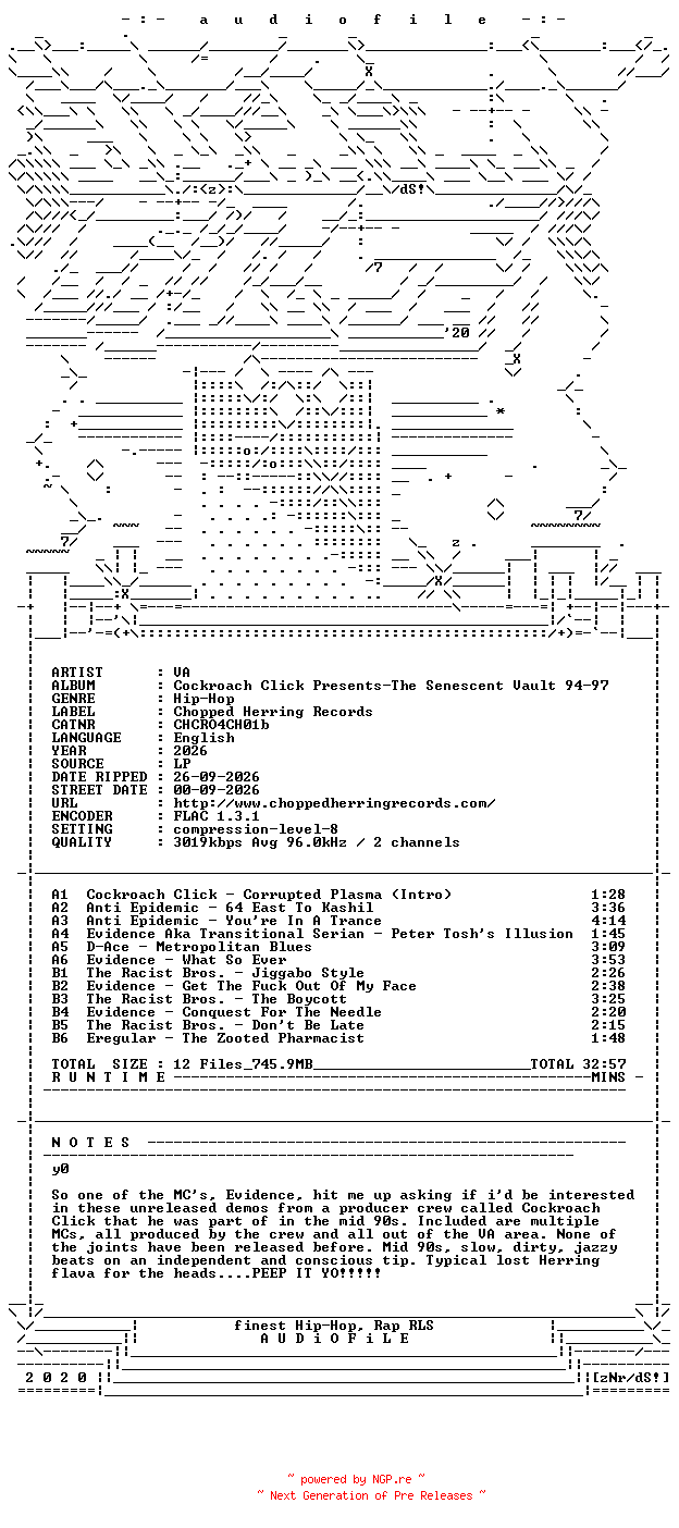 NFO for the release VA-Cockroach_Click_Presents-The_Senescent_Vault_94-97-LP-FLAC-2026-AUDiOFiLE by AUDiOFiLE
