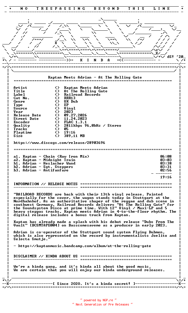 NFO for the release Kaptan_Meets_Adrian-At_The_Rolling_Gate-(RRR13)-VINYL-FLAC-2023-KINDA by KINDA