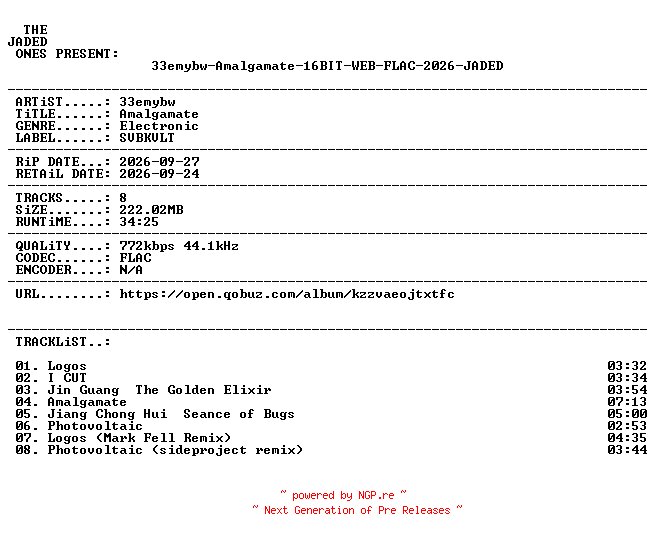 NFO for the release 33emybw-Amalgamate-16BIT-WEB-FLAC-2026-JADED by JADED