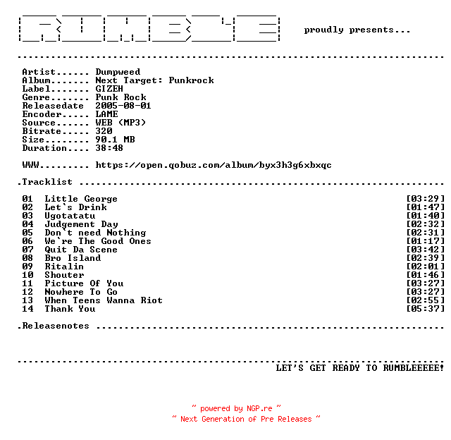 NFO for the release Dumpweed-Next_Target_Punkrock-(WEB)-2005-RUMBLE by RUMBLE
