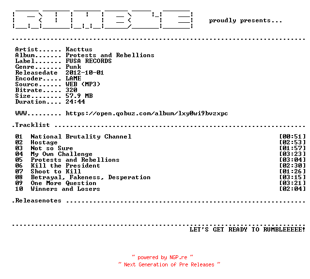 NFO for the release Kacttus-Protests_and_Rebellions-(WEB)-2012-RUMBLE by RUMBLE
