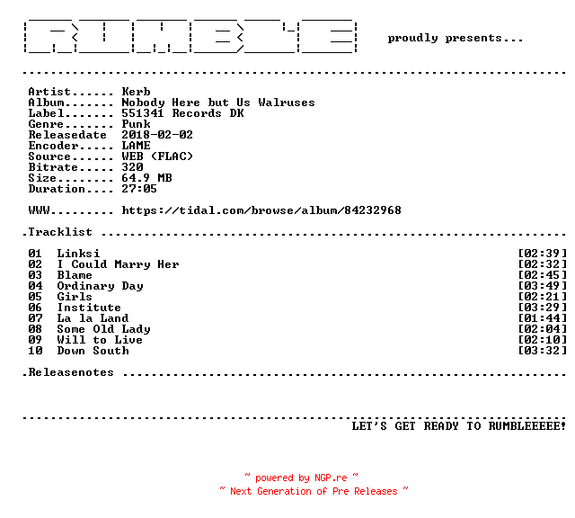 NFO for the release Kerb-Nobody_Here_but_Us_Walruses-(WEB)-1998-RUMBLE by RUMBLE