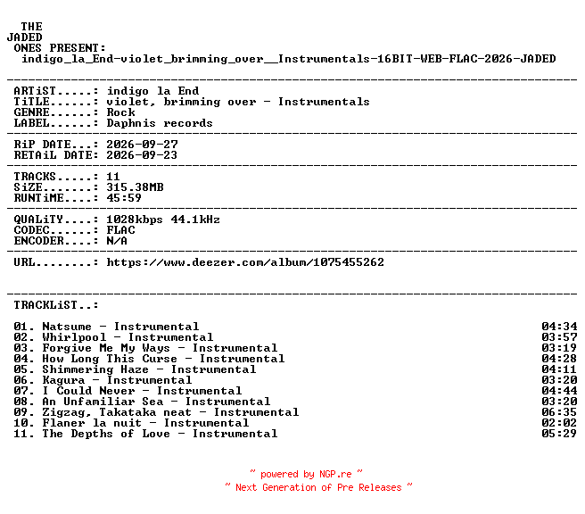 NFO for the release indigo_la_End-violet_brimming_over__Instrumentals-16BIT-WEB-FLAC-2026-JADED by JADED