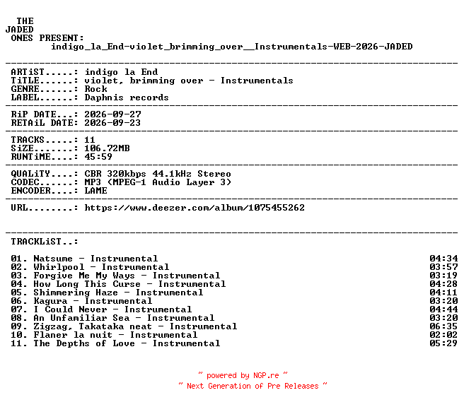 NFO for the release indigo_la_End-violet_brimming_over__Instrumentals-WEB-2026-JADED by JADED