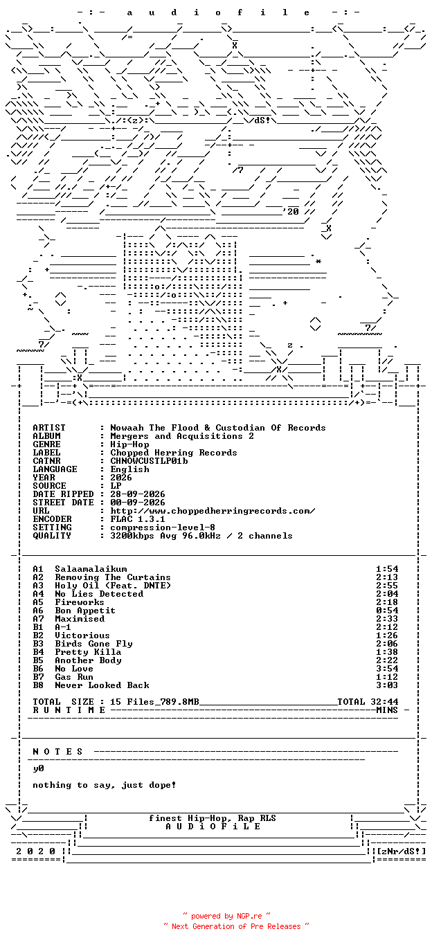 NFO for the release Nowaah_The_Flood_And_Custodian_Of_Records-Mergers_And_Acquisitions_2-LP-FLAC-2026-AUDiOFiLE by AUDiOFiLE