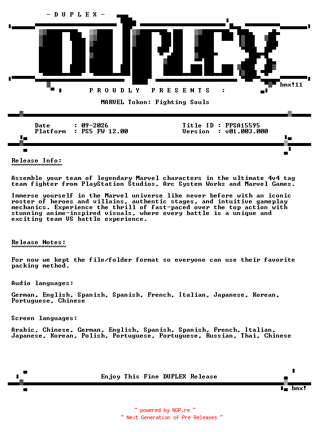 NFO for the release MARVEL.Tokon.Fighting.Souls.PS5-DUPLEX by DUPLEX