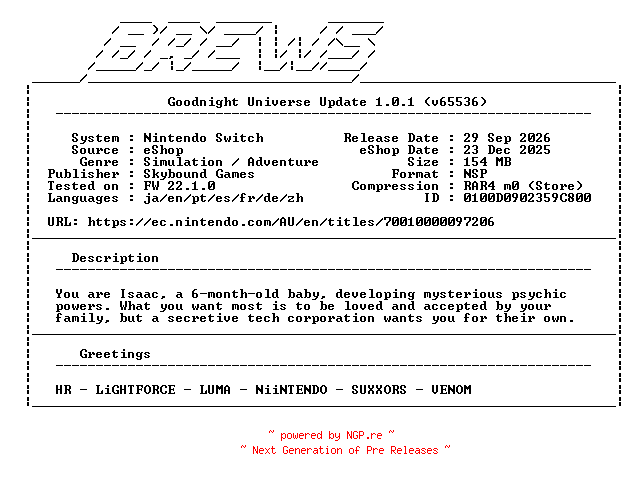 NFO for the release Goodnight_Universe_Update_v1.0.1_NSW-BREWS by BREWS
