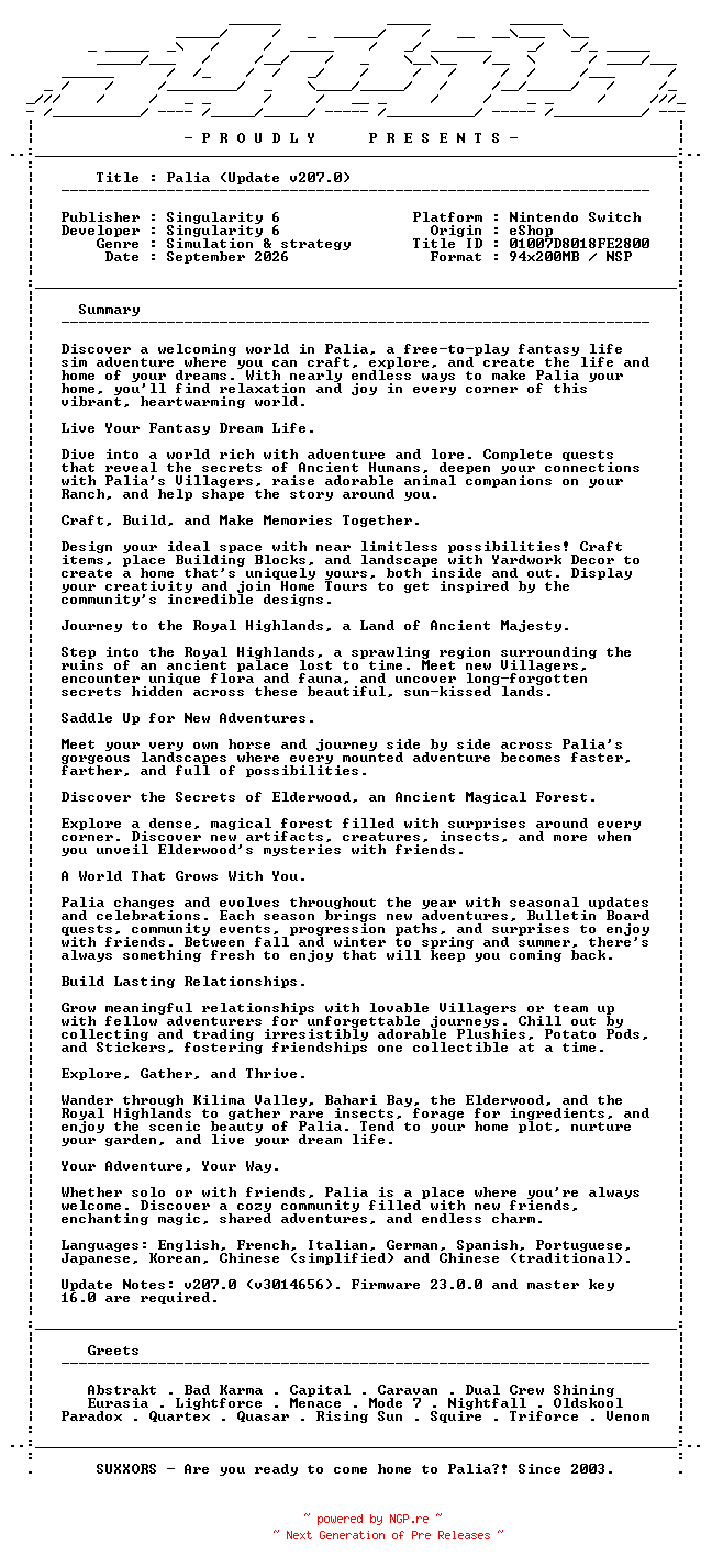 NFO for the release Palia_Update_v207.0_INTERNAL_NSW-SUXXORS by SUXXORS