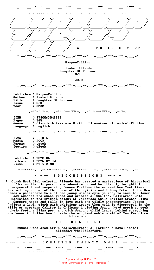 NFO for the release Isabel.Allende.-.Daughter.Of.Fortune.2020.RETAIL.EPUB.eBook-CTO by CTO