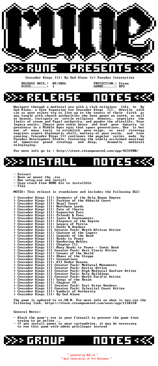 NFO for the release Crusader.Kings.III.By.God.Alone-RUNE by RUNE