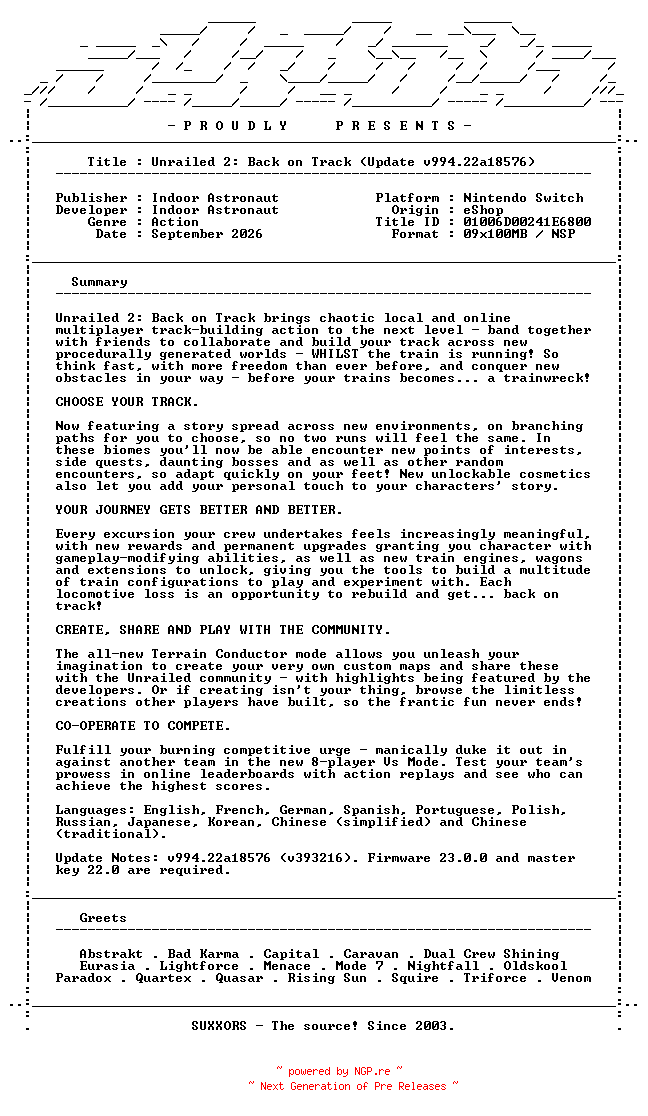 NFO for the release Unrailed_2_Back_on_Track_Update_v994.22a18576_NSW-SUXXORS by SUXXORS