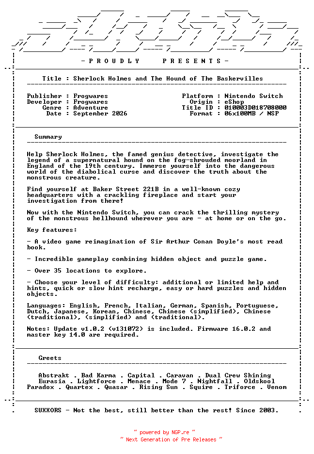 NFO for the release Sherlock_Holmes_and_The_Hound_of_The_Baskervilles_NSW-SUXXORS by SUXXORS