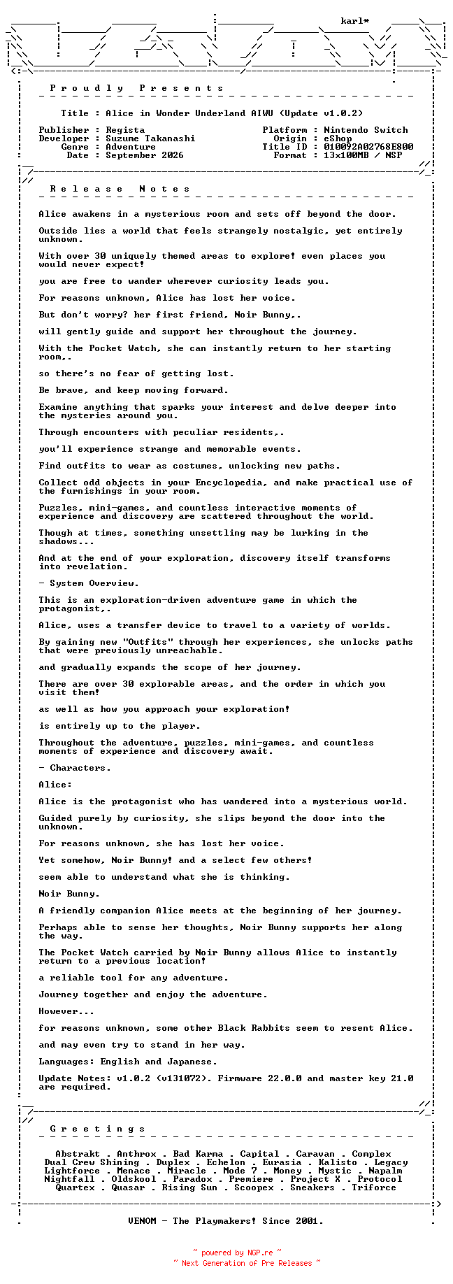 NFO for the release Alice_in_Wonder_Underland_AIWU_Update_v1.0.2_NSW-VENOM by VENOM