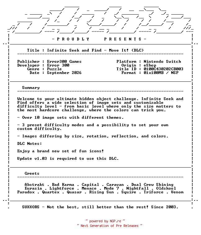 NFO for the release Infinite_Seek_and_Find_Move_It_DLC_NSW-SUXXORS by SUXXORS