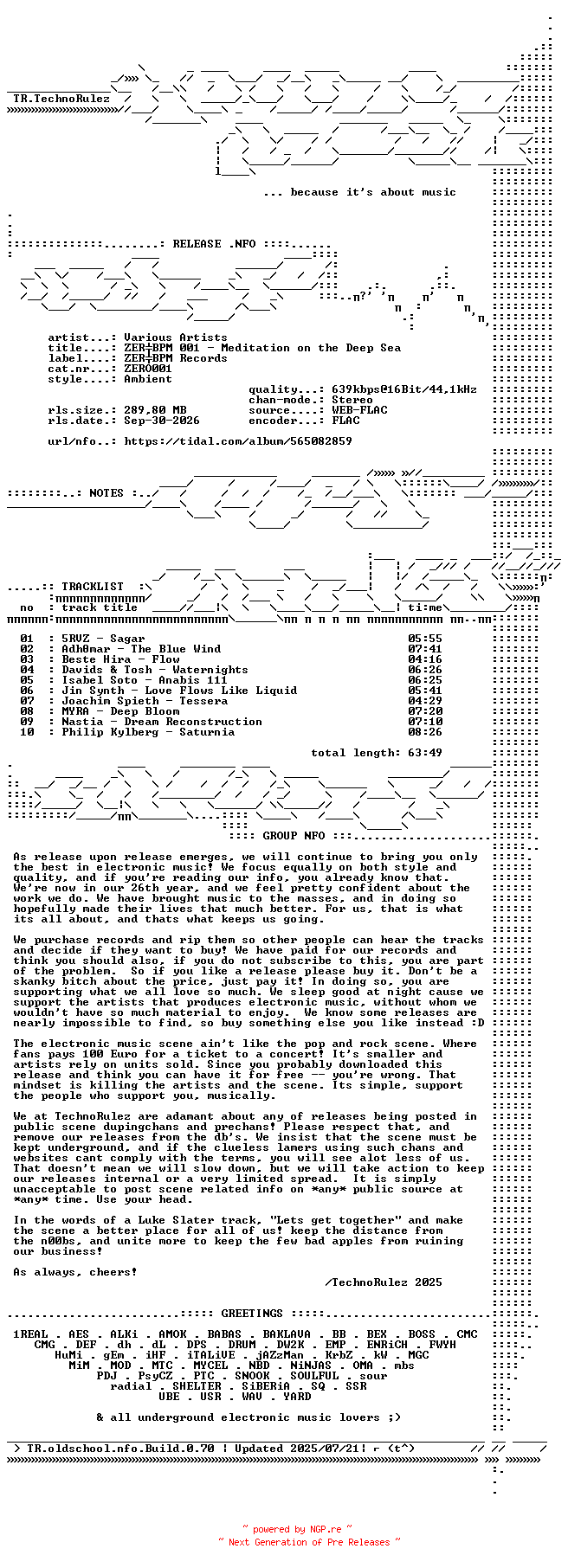 NFO for the release VA-ZEROBPM_001-Meditation_on_the_Deep_Sea-(ZERO001)-16BIT-WEB-FLAC-2026-TR by TR