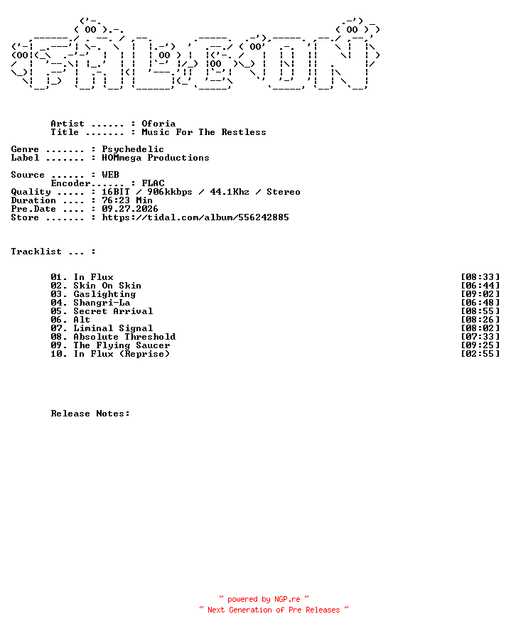 NFO for the release Oforia-Music_For_The_Restless-16BIT-WEB-FLAC-2026-FALCON by FALCON