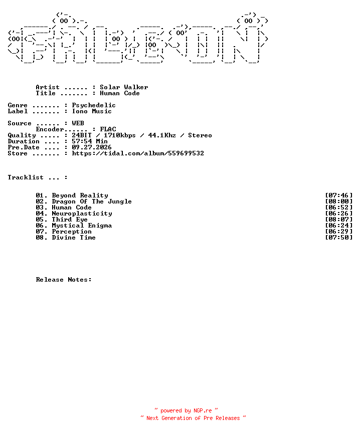 NFO for the release Solar_Walker-Human_Code-24BIT-WEB-FLAC-2026-FALCON by FALCON