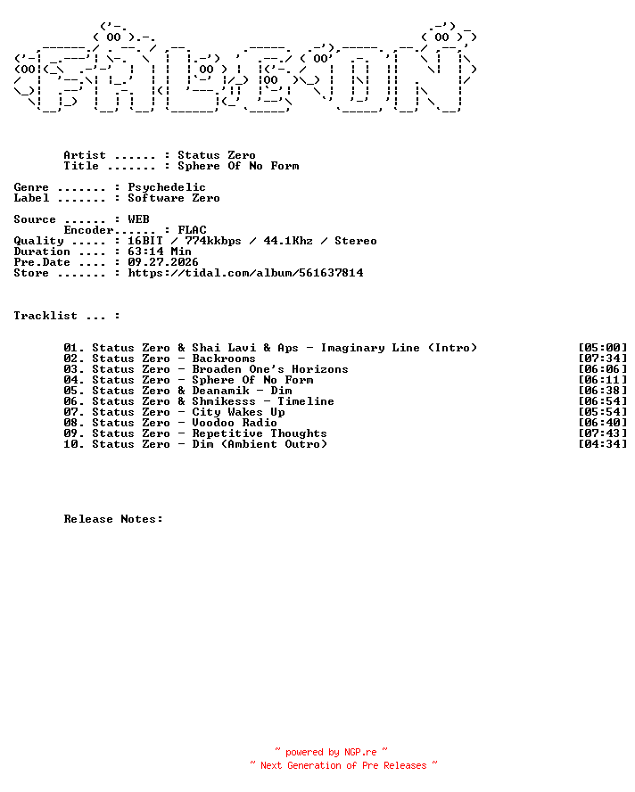 NFO for the release Status_Zero-Sphere_Of_No_Form-16BIT-WEB-FLAC-2026-FALCON by FALCON
