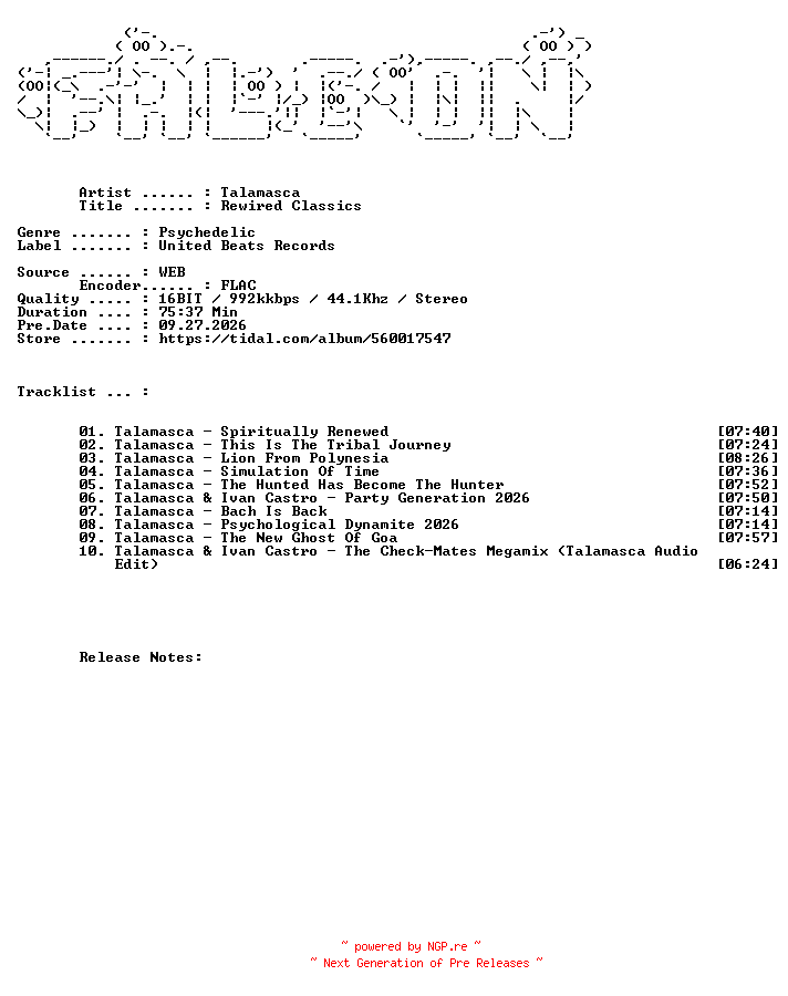 NFO for the release Talamasca-Rewired_Classics-16BIT-WEB-FLAC-2026-FALCON by FALCON