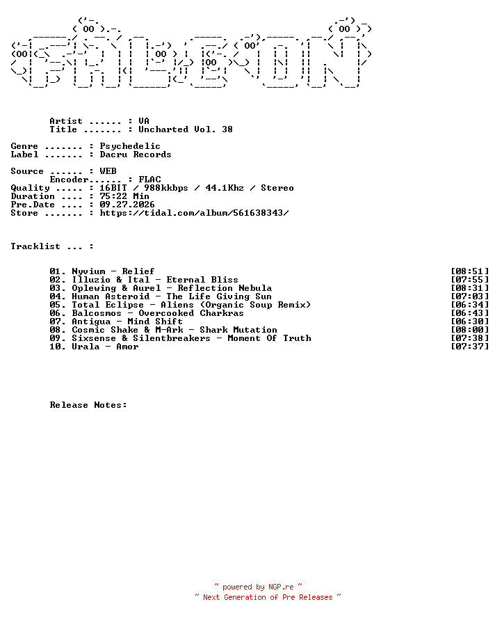 NFO for the release VA-Uncharted_Vol._38-16BIT-WEB-FLAC-2026-FALCON by FALCON